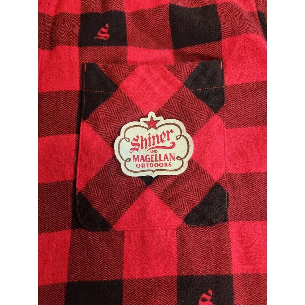 Magellan Shirt Mens Med Red Black Button Shiner Bock‎ Beer Check Plaid